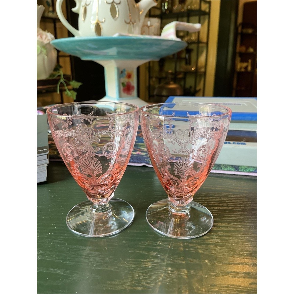 Vintage Fostoria VERSAILLES ROSE PINK  3" x 2" Glasses Depression Set (2)